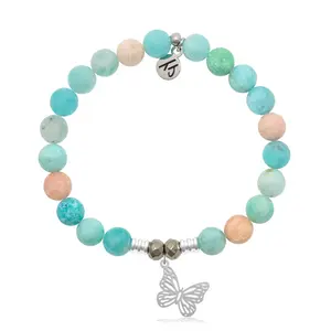 Multi Amazonite Gemstone Bracelet with Butterfly Cutout Sterling Silver Charm