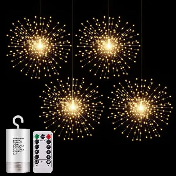 PXBNIUYA 4 Pack Starburst Sphere Lights,200 LED Firework Lights, 8 Modes Dimmable Remote Control Waterproof Hanging Fairy Light, Copper Wire Light for Patio Parties Christmas (Battery Operated)
