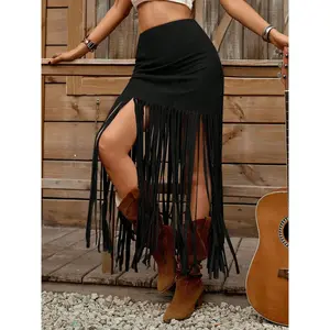 Women's fake camel fur trimmed linen mini skirt, casual wear for spring and summer country music festivals, simple design, A-line fitRAIMENTRY