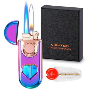 Dual Lighter with 6pcs Flint Stone, Windproof with Gas Window, Soft & Jet, Refillable Butane for Indoor/- Color Ice