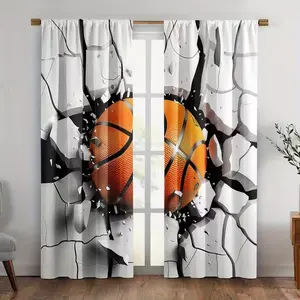 2 Piece Cracked Basketball Print Curtains, Fashionable Rod Pocket Window Drapes for Bedroom and Living Room, Easy Installation