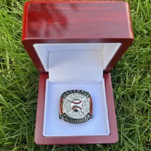 Silver color fantasy baseball championship ring with brown wooden display box for fans collection gift
