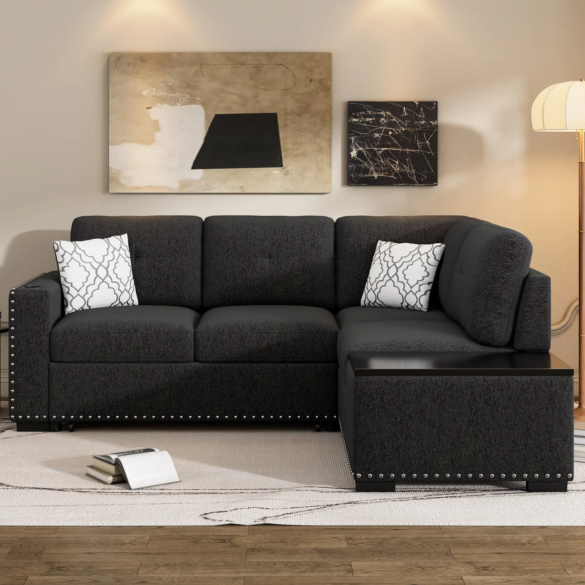 83.8" Chenille Sectional Pull-Out Sofa Bed L-Shaped Corner Couch