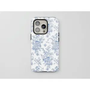 French Toile De-Jouy Case, Blue and White Floral Bouquet, Vintage Flowers, Gift Idea Phone Case for Phone Model 16, 15, 14, 13, 12, 11, 12, 13, 14, 15, 16 Pro Max 2-IN-1 design, anti-slip and anti-fall Double impact resi Compatible with Samsung Galaxy S25