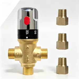 1/2 NPT Thermostatic Mixing Valve, Solid Brass Water Temperature Control, Lead-Free Anti-Scald Shower Valve, 1/2 Inch Male Thread Hot Cold Mixer, Adjustable Temperature Regulator for Bathroom Plumbing