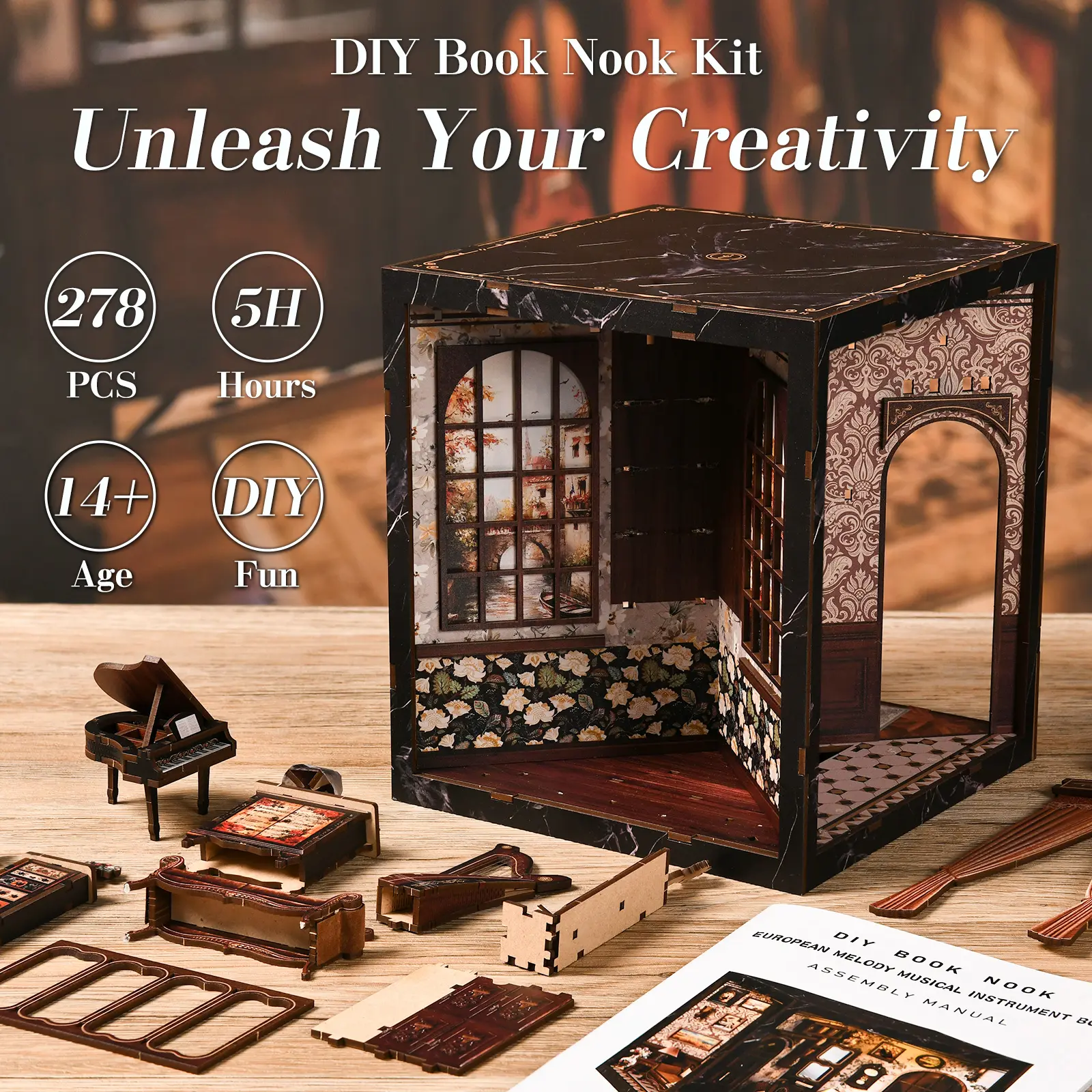 European Melody Musicallnstrument Box】Wooden Book Nook DIY Model