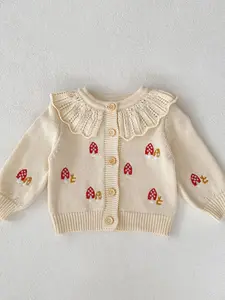 Autumn Winter Baby Girl Embroidered Ruffle Collar Knit Top, Casual Fitted Medium Fabric, Perfect for Birthdays & Parties