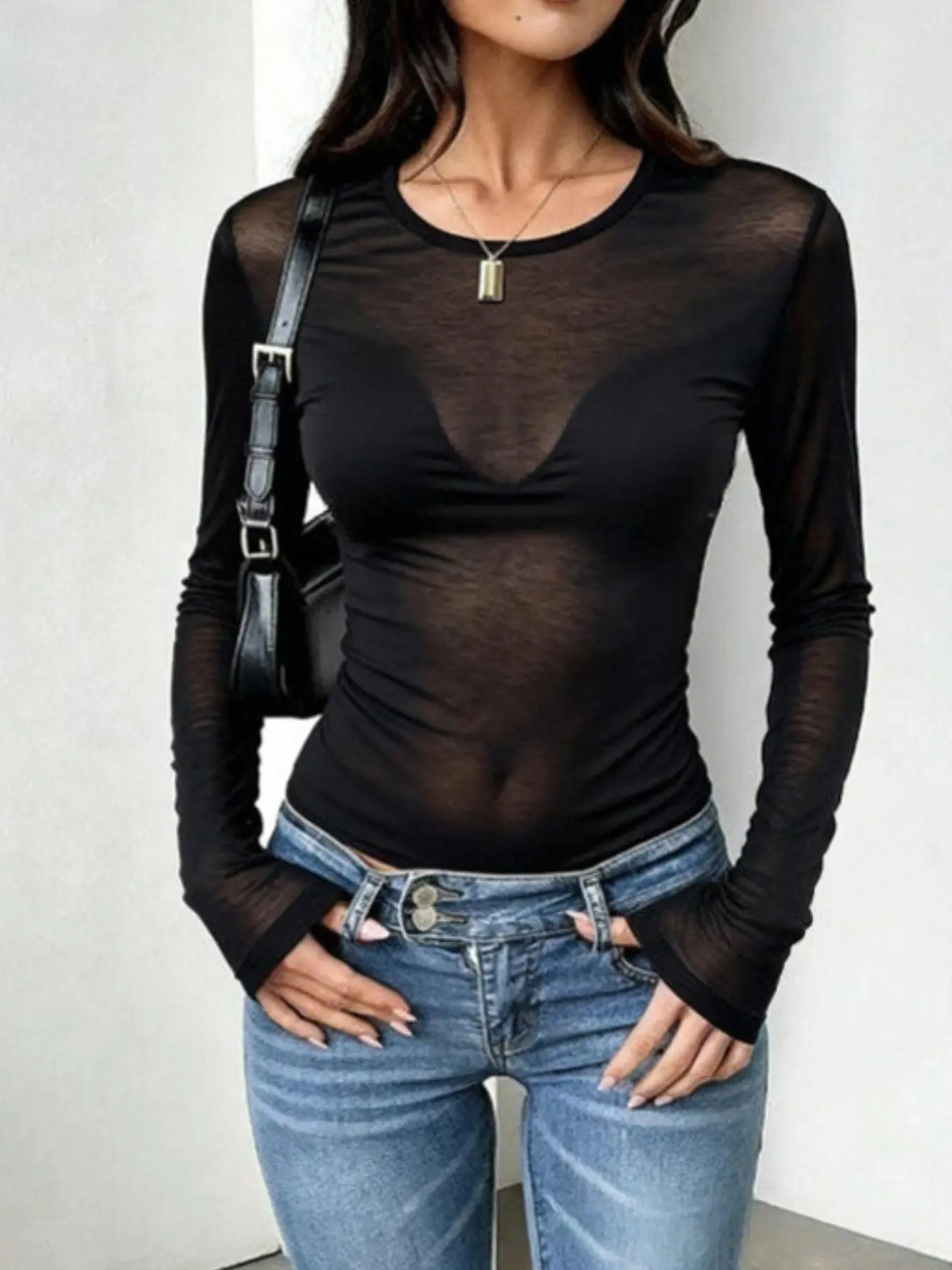 Women's Summer Slim Fit Semi-Transparent Sheer Long Sleeve Top, Sexy Streetwear Essential, Fashion Basic Style, Perfect for Outdoors Womenswear Shirts