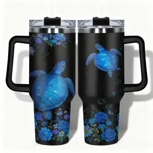 1pc Vacuum Insulated Tumbler, Insulated Mug, Stainless Steel Water Bottle Insulated Travel Drinkware Vacuum Flask Blue Sea Turtle and Floral Designs, Leakproof Large Capacity (40oz/30oz/20oz), Ideal for Gym, Hiking, Travel, Birthday Gift, Thermo Tumbler