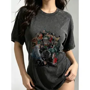 【Justice League】Gotham Full Cast Batman Joker Catwoman Two-Face Villain Collage Vintage Comic Graphic Acid Washed T-Shirt Oversized Unisex Distressed Black Short Sleeve Casual Streetwear Tee for Men Women