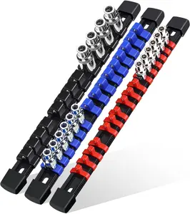 3-Piece Socket Organizer Rail Set, Heavy Duty Socket Holder for 1/4", 3/8", 1/2" Drive, 43 Clips Spring Loaded Ball Bearings for Metric & SAE Sockets, Portable Tool Tray for Toolbox Drawer