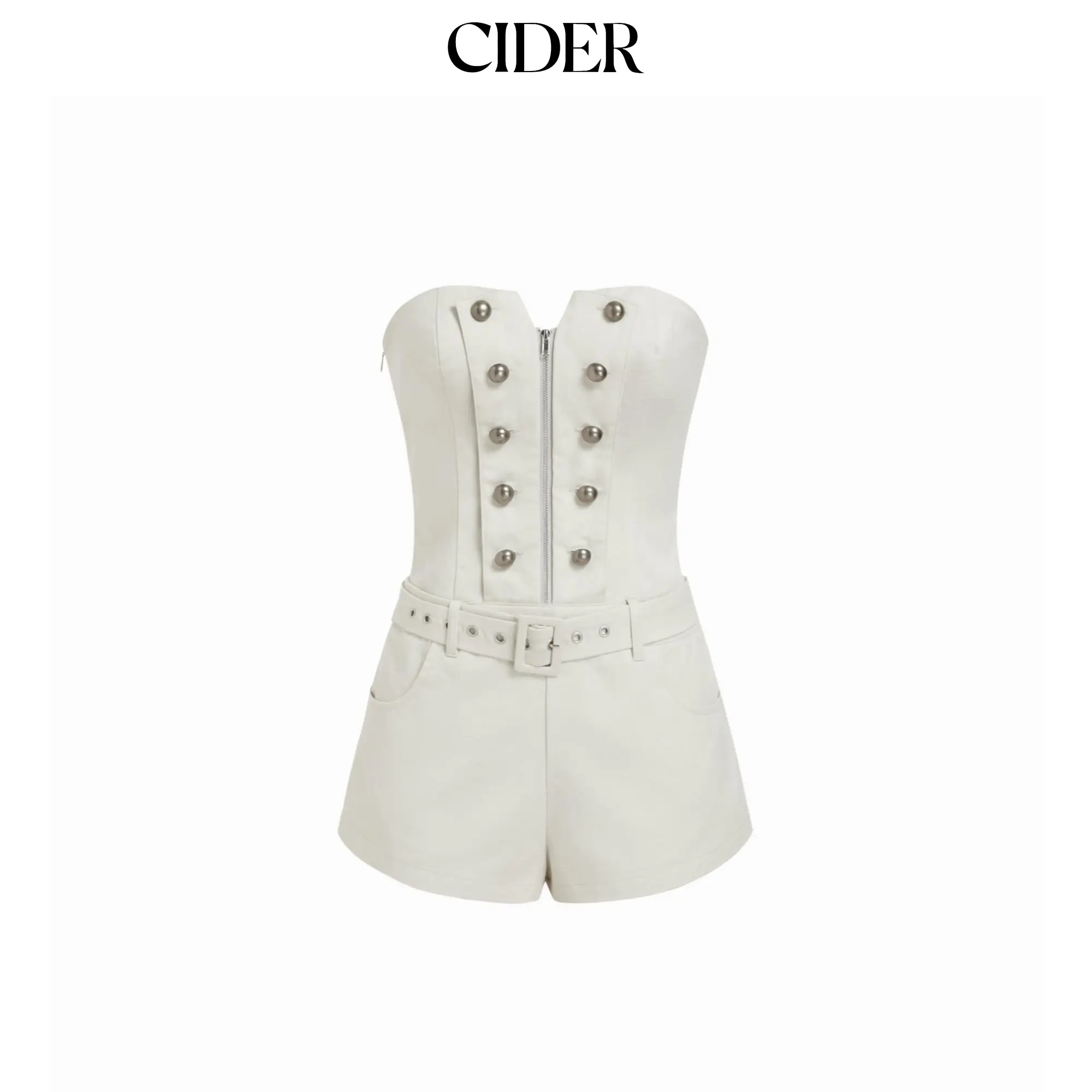 Cider Women's Fitted Cut Bandeau Romper, Sleeveless Cotton Blend with Front Zipper and Belt, Short Length, Minimalist, Basic