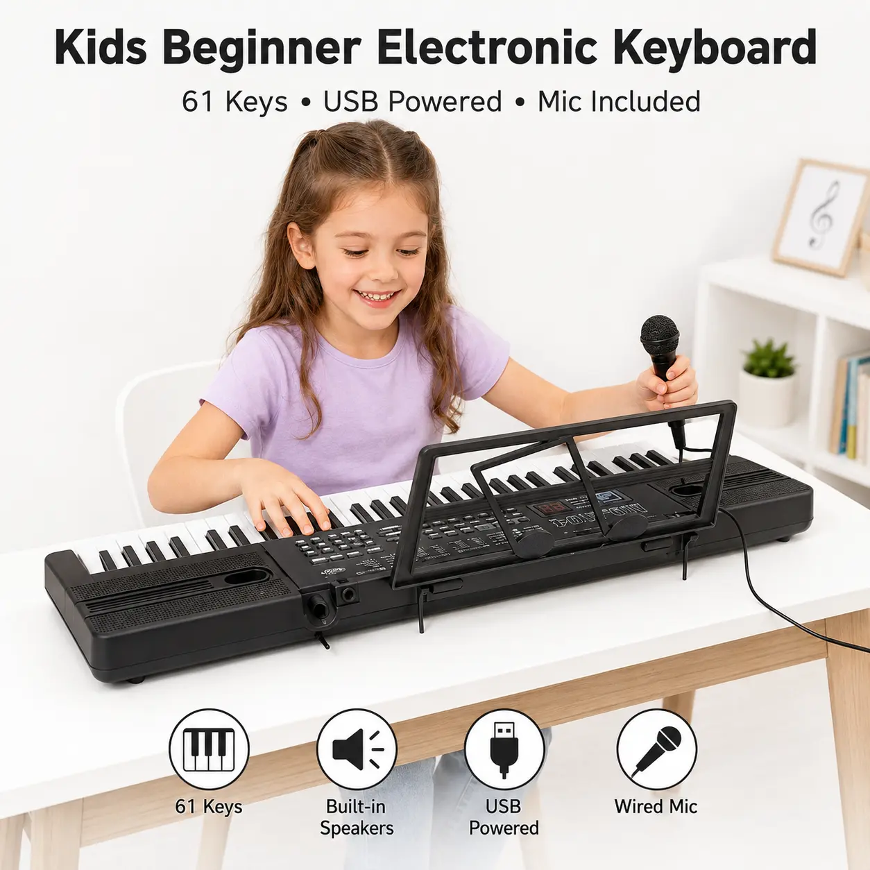 Children’s piano keyboard, 61-key piano, digital electronic piano, portable electronic music keyboard, beginner instrument with USB microphone, best gift, birthday gift
