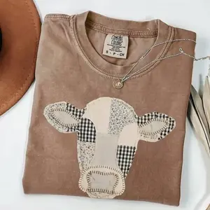 Comfort Colors Patchwork Cow T-Shirt, Quilted Farm Animal Head Tee, Gingham Floral Rustic Cow Lover Shirt, Cottagecore Farmhouse Gift, Printed Shirt
