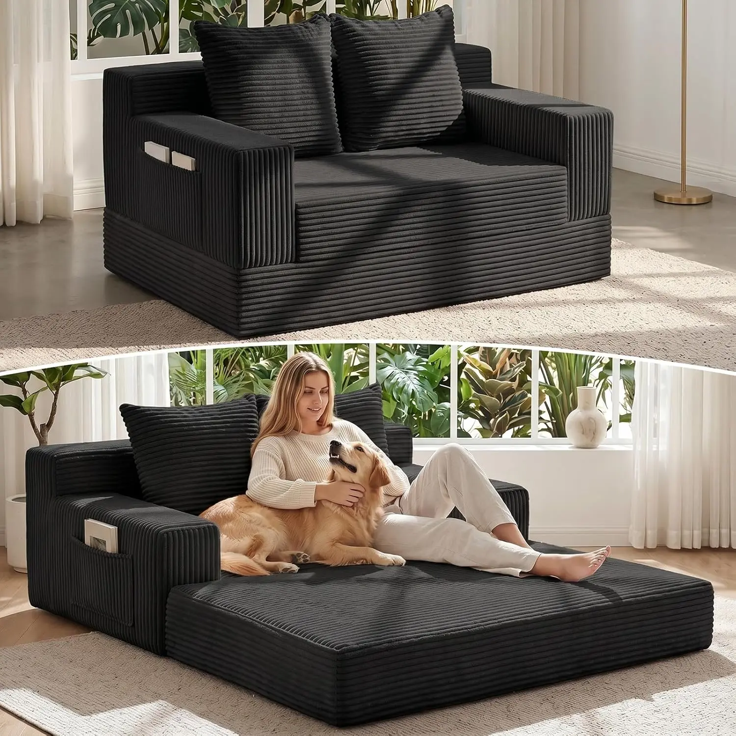 Convertible Sofa Bed,Small Boneless Couch & Boneless Loveseat,Pull Out Couch Bed for Small Spaces,Premium Luxe Corduroy Folding Floor Futon Sleeper with Side Pocket & 2 Pillows
