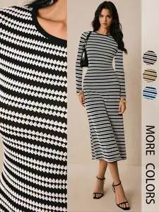 Fashion Slim Fit Round Neck Dress, Striped Design, Casual Comfortable Breathable Choice, Must-Have Trendy Fashion Item, Womenswear