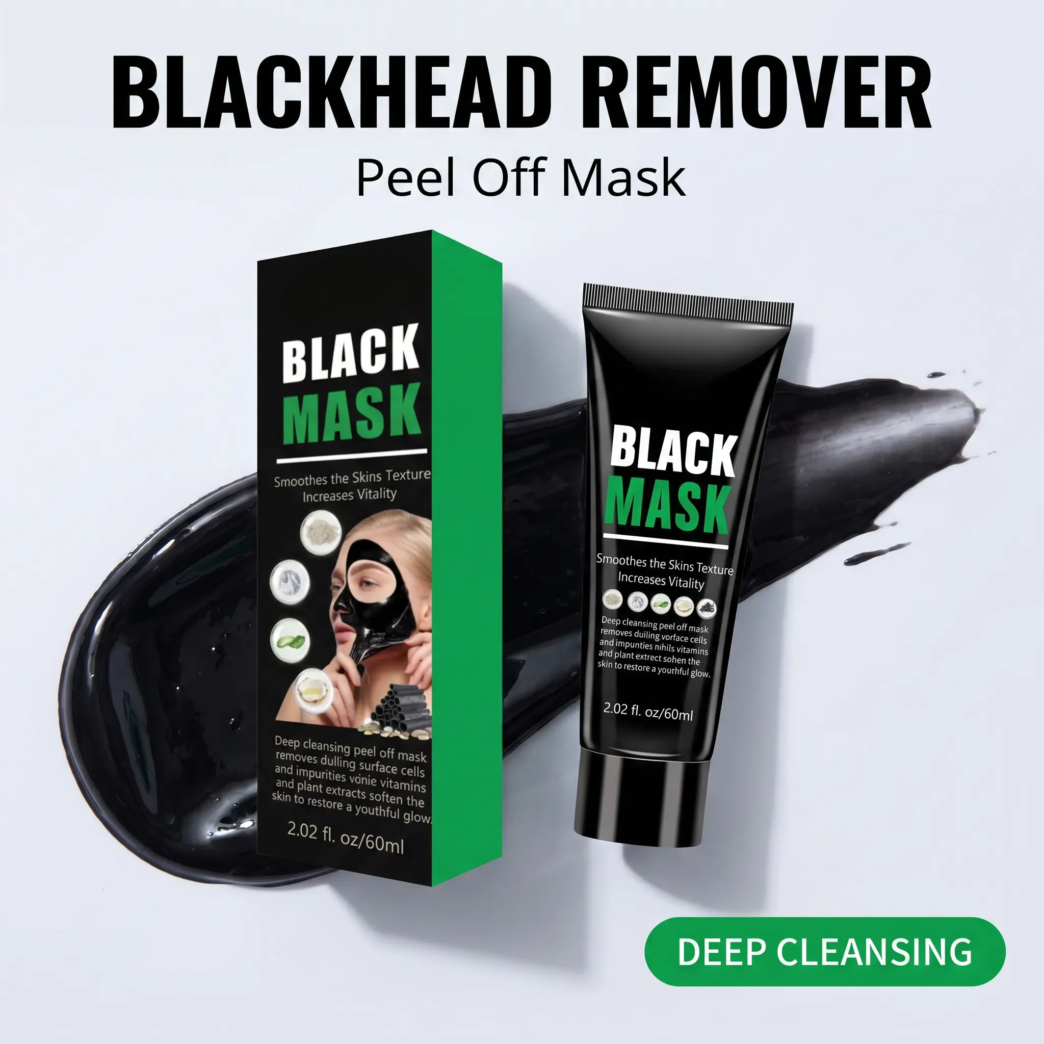 Blackhead Remover Peel-Off Mask with Bamboo Charcoal & Coconut Oil - Gentle Hydrating Pore Detox for Deep Cleansing & Oil Control, 60ml, Pore Detox Face Scrubs & Peels