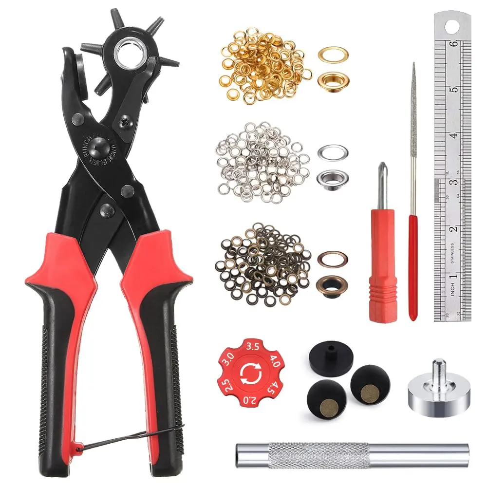 Leather Hole Punch Tool for Belt - Multi Hole Sizes Puncher for Belts, Watch Bands, Straps,  Collars, Saddles, Shoes, Fabric, DIY Home or Craft Projects - with 5/32" Grommet Eyelet Kit 100 Sets