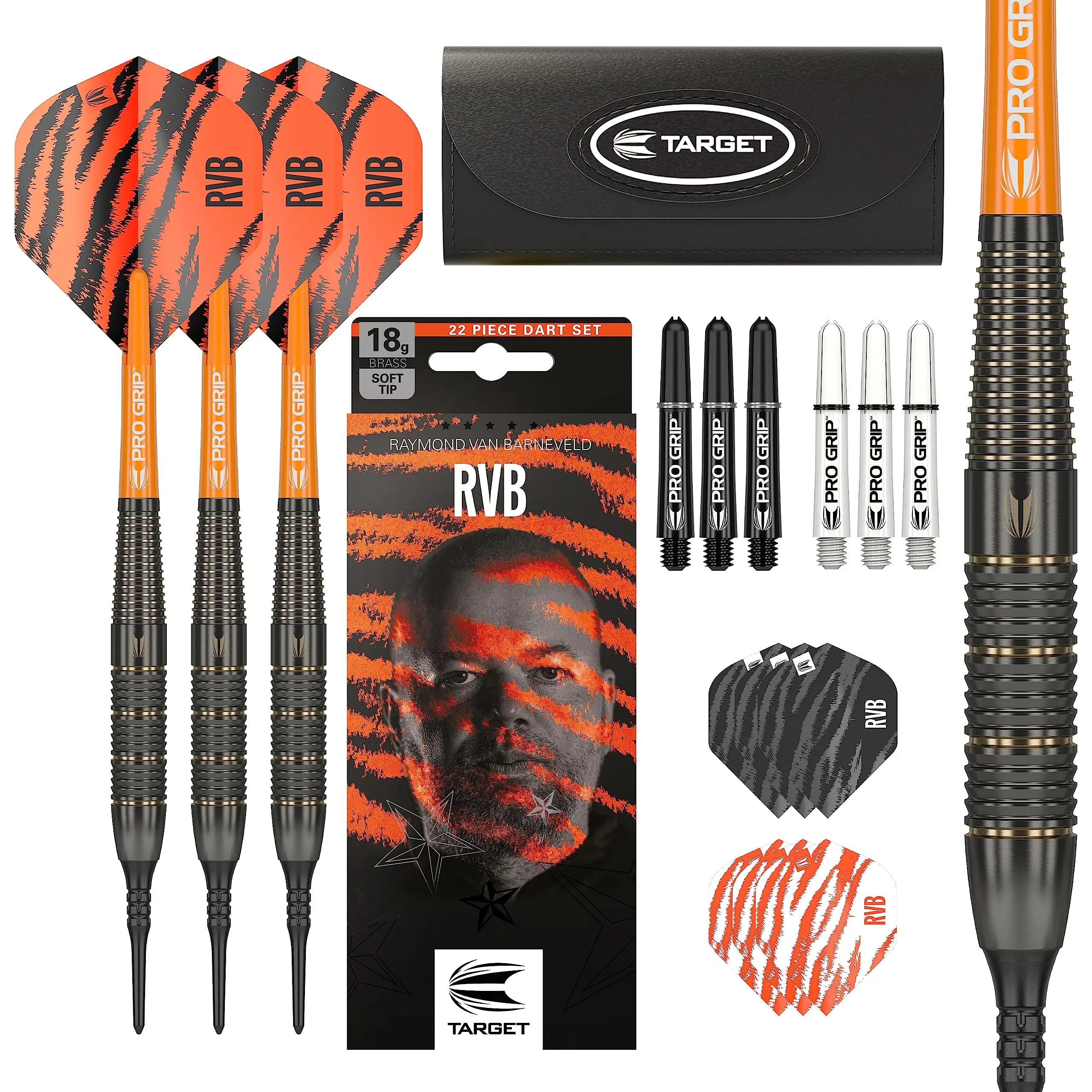 Target Darts Raymond Van Barneveld RVB 18G Brass Soft Tip Darts Set - with Extra Accessories Gift Pack