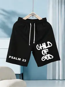 Men's Child of God Psalm 23 Print Daily Casual Shorts, Faith-Based Loose Fit Streetwear, Boho Style Bohemian Shorts, Fitted Design, No Ca Prop 65 Re