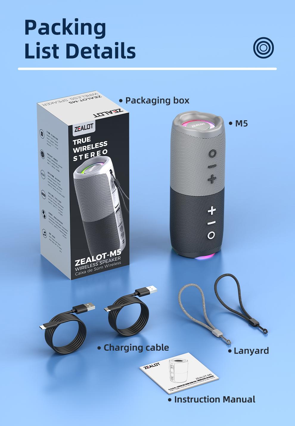 10W*2【ZEALOT】Portable wireless speaker, Magnetic Split speaker, RGB ambient light, outdoor Bluetooth speaker surround sound, TWS pairing,long battery life,supports USB/TF/AUX/BT smartphones. Ideal choice for family/car/party/camping/gift giving