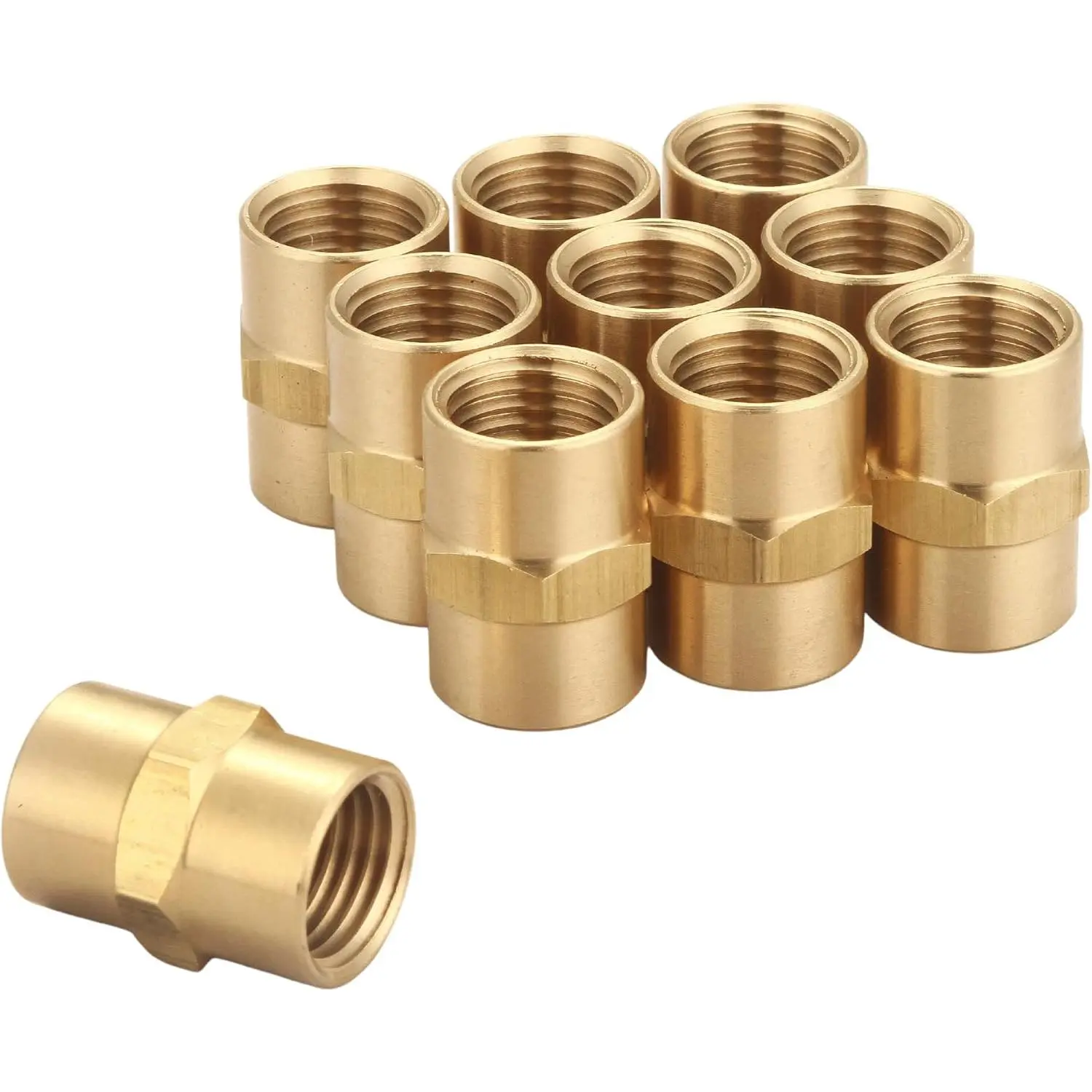 Brass Coupling 1/4 Inch NPT Female x 1/4 Inch NPT Female Hex Head Pipe Fitting, Pack of 10, Compressor connector 1/4 fnpt to 1/4 fnpt Coupler, Air Hose Adapter Brass Fittings