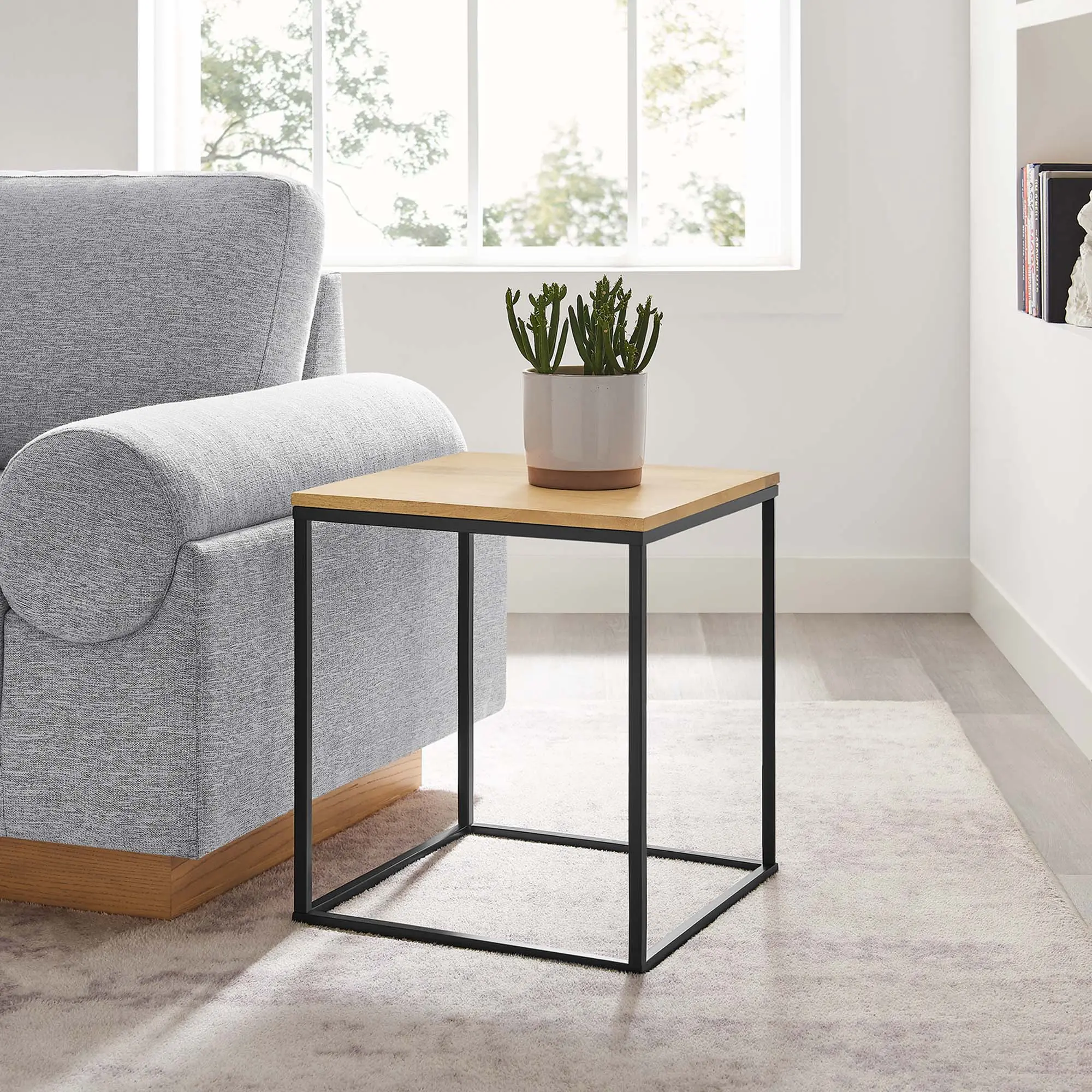 Modway Zora Industrial Modern Square Wood-and-Metal Single-Sided Oak Side Table - Small Spaces Solution, Plant Stand, Non-Marking Floor Glides, Assembly Required, No Fire Safety Label, Wood Dust Resistant