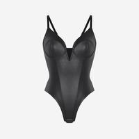 Leather Shapewear Thong Bodysuit-Black