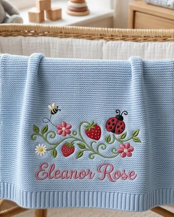 [Made-to-Order] Custom Floral Wildflower Embroidered Knit Baby Blanket, Personalized Garden Newborn Blanket, Gift for Baby Girl, Baby Shower Gift, Nursery Decor