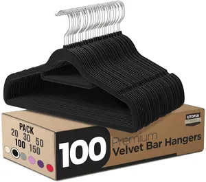Utopia Home Premium Velvet Hangers Pack - Non-Slip Clothes Hanger with Tie Bar - Black Hangers with 360 Degree Rotatable Hook - Heavy Duty Coat Hanger