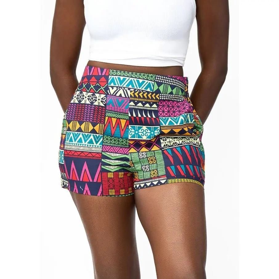Rakiya Women's African Print High-Waisted  Shorts (Green Navy Kente)