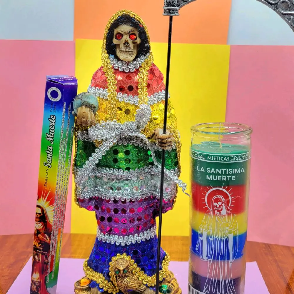 SANTA MUERTE shiny 7 color Statue 13", Santa Muerte seven color  Candle & incense bundle .Altar bundle Decor Religious Decoration