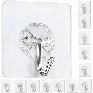 Adhesive Hooks - Heavy Duty Sticky Removable Waterproof Damage-Free Transparent Wall Hooks for Hanging Bathroom Kitchen 12pcs