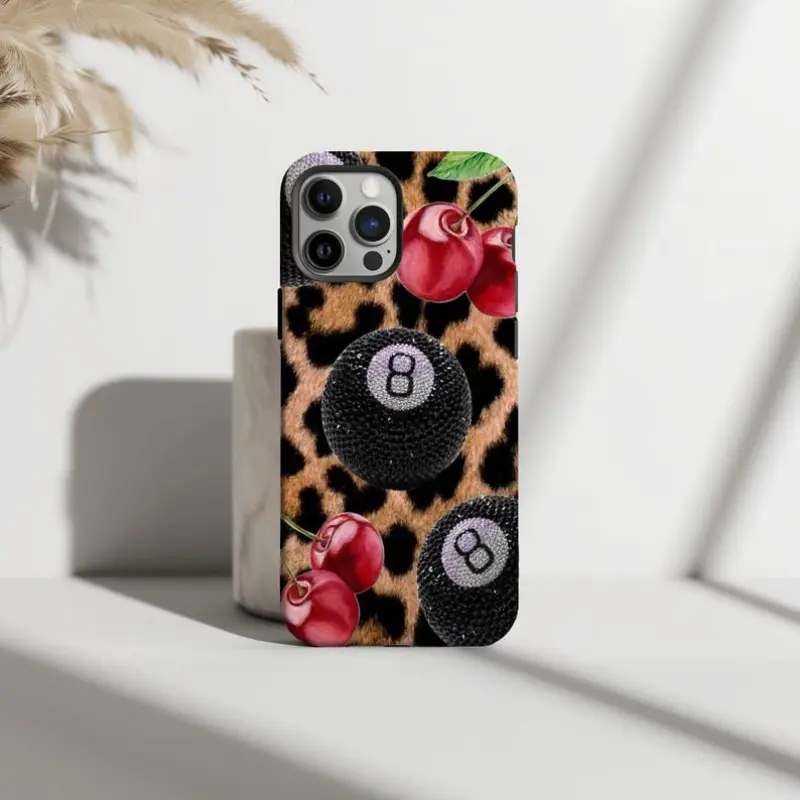 Leopard 8-Ball Y2k Cherries Collage Smartphone Case, Trendy Vintage Aesthetic Cellphone Shell, Handheld Device Accessories Compatible with iPhone 11/12/13/14/15/16/17 Pro, ProMax, Plus, Air
