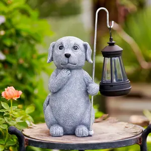 Outdoor Solar Dog Garden Statue, Resin Dog Figurine with Solar Lantern for Patio Balcony Yard Home Office Ornament, Unique Puppy Gift for Mom Animal Lover Women, Great Fall Decor