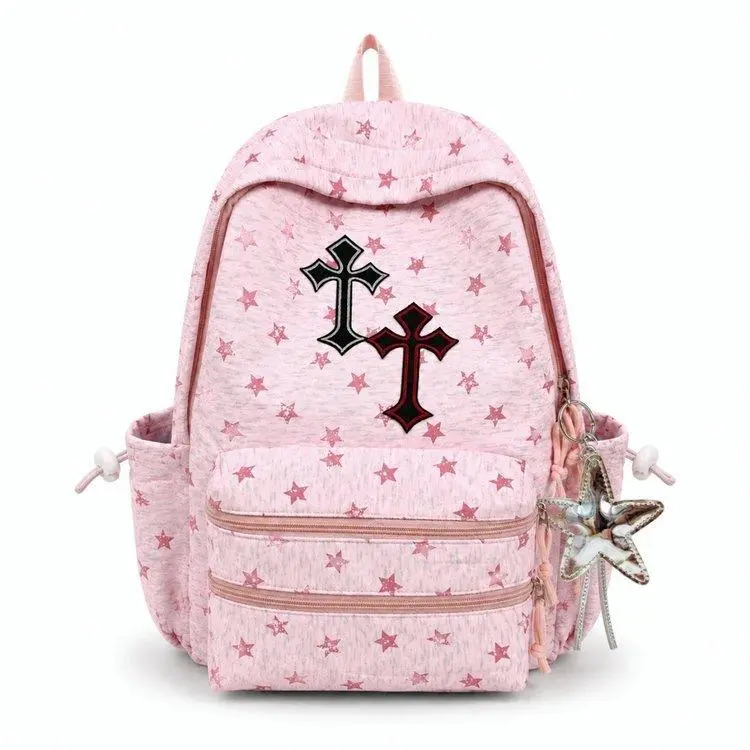 Pink All Over Star Print Cross Backpack, Black Red Contrast Cross Patches Large Capacity School Bookbag, Y2K Sweet Cool Daypack for Girls