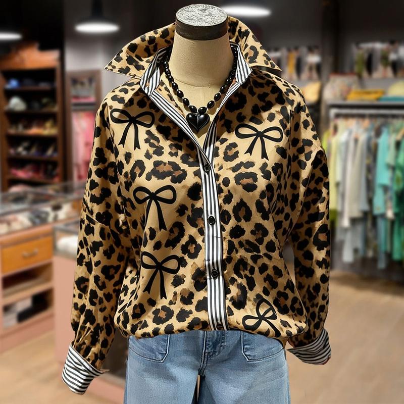 Cherrybetty Leopard Bow Print Striped Collar Long Sleeve Blouse Casual Womenswear Top Shirts Cute Fall Outfits Women's Clothes Office Outfits Women Going Tops