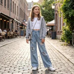 Girls’ Y2K Distressed Wide-Leg Jeans, Casual Loose Street-Style Denim Long Pants with Frayed Edges & Rips, Trendy & Cool for Teens 13-16, Soft Breathable Fabric, Elastic Waistband, Multiple Pockets, Spring Summer Autumn Wear Girls' Cowboy