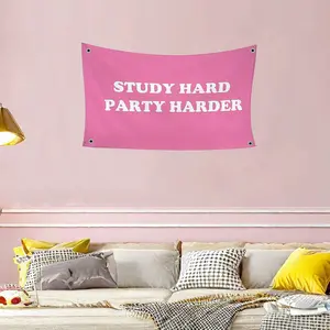 Study Hard Party Harder Flag Pink Funny Flags For Girls Cool Meme Girl Flags Banner 100D 3x5fts 90x150cm College Dorm Room Bedroom Wall Decor Hangings Outdoor Indoor