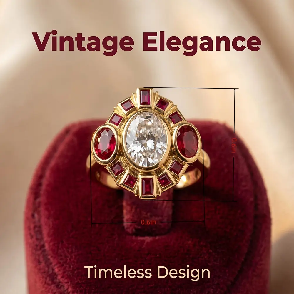 Vintage-style elegant engagement ring, 14K gold-plated with oval synthetic cubic zirconia and synthetic rubies, Art Deco style ring, women's jewelry, ideal wedding and anniversary gift.