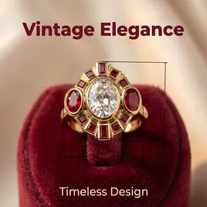 Vintage-style elegant engagement ring, 14K gold-plated with oval synthetic cubic zirconia and synthetic rubies, Art Deco style ring, women's jewelry, ideal wedding and anniversary gift.