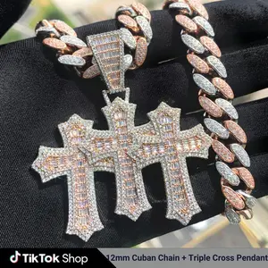 12mm Cuban Link Chain with Triple Cross Pendant Charm Jewelry Set Cubic Zirconia Hip Hop Necklace Men Women Daily Wear Decor Accessory