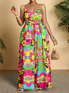 Summer Women's Casual Boho Vacation Plus Size All over Print Jumpsuit, Thin Strap Backless High Waist Wide Leg Pants, Beach Holiday Fashion