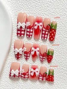 10Pcs Sweet Strawberry Style Handmade Nail Art Set,Unghie Press On,A Bow And Small Red And White Flowers Nail Art Accessories,Hand Sculpted Strawberry Nail Art Decorations,Line Nail Art Decorations,Red And White Nail Polish,Fresh Fruit Cluster Style
