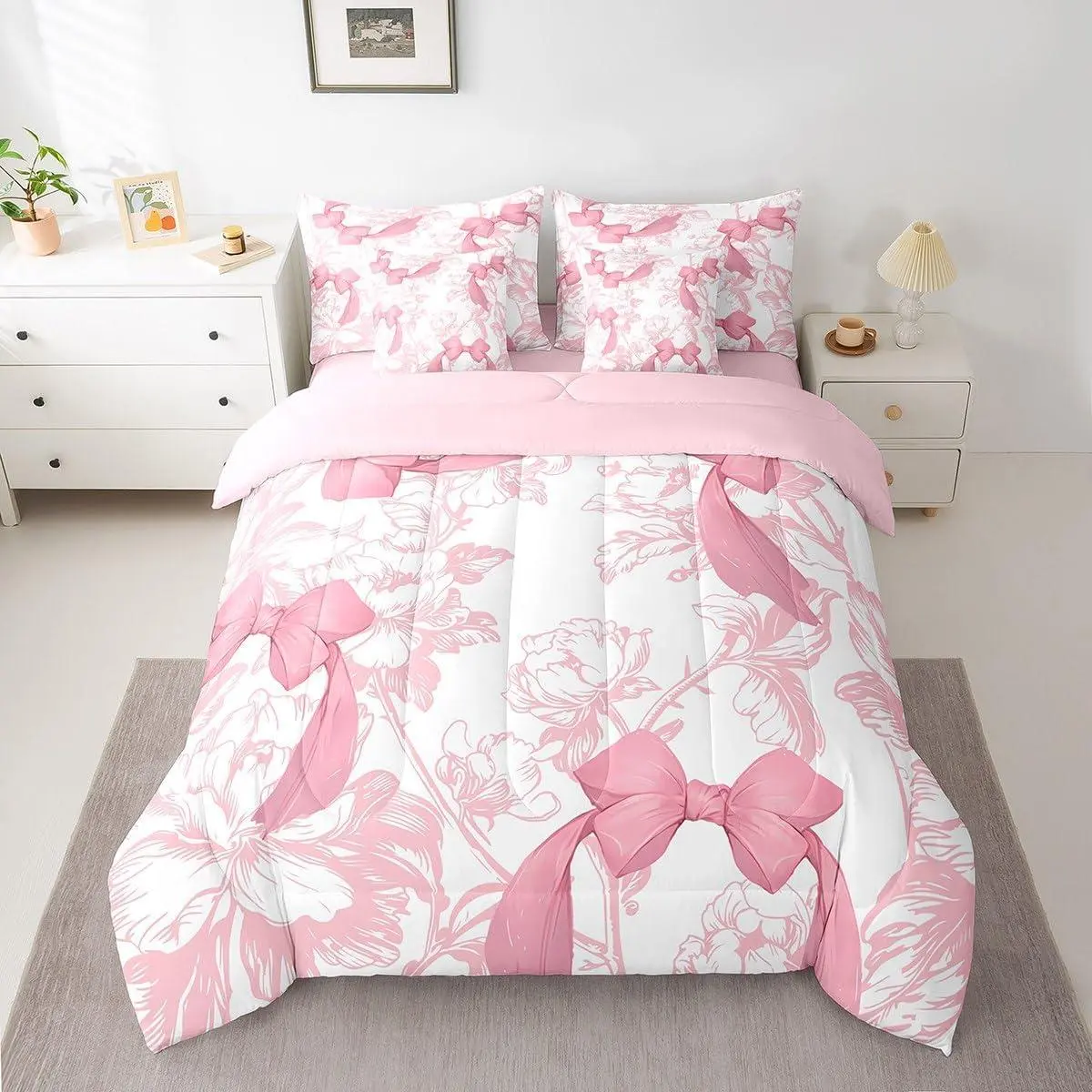 Kids Flower Bowknot Bed in a Bag 7 Pieces ,Graceful Bow Comforter Set with Sheets Boys Girls Pink Knot Bed in a Set Teens Bedroom Decor 7Pcs