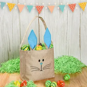 Easter Baskets Bunny Bags Burlap Rabbit Tote Bags Pink for Eggs Hunt Kids Toddler Boys Girls
