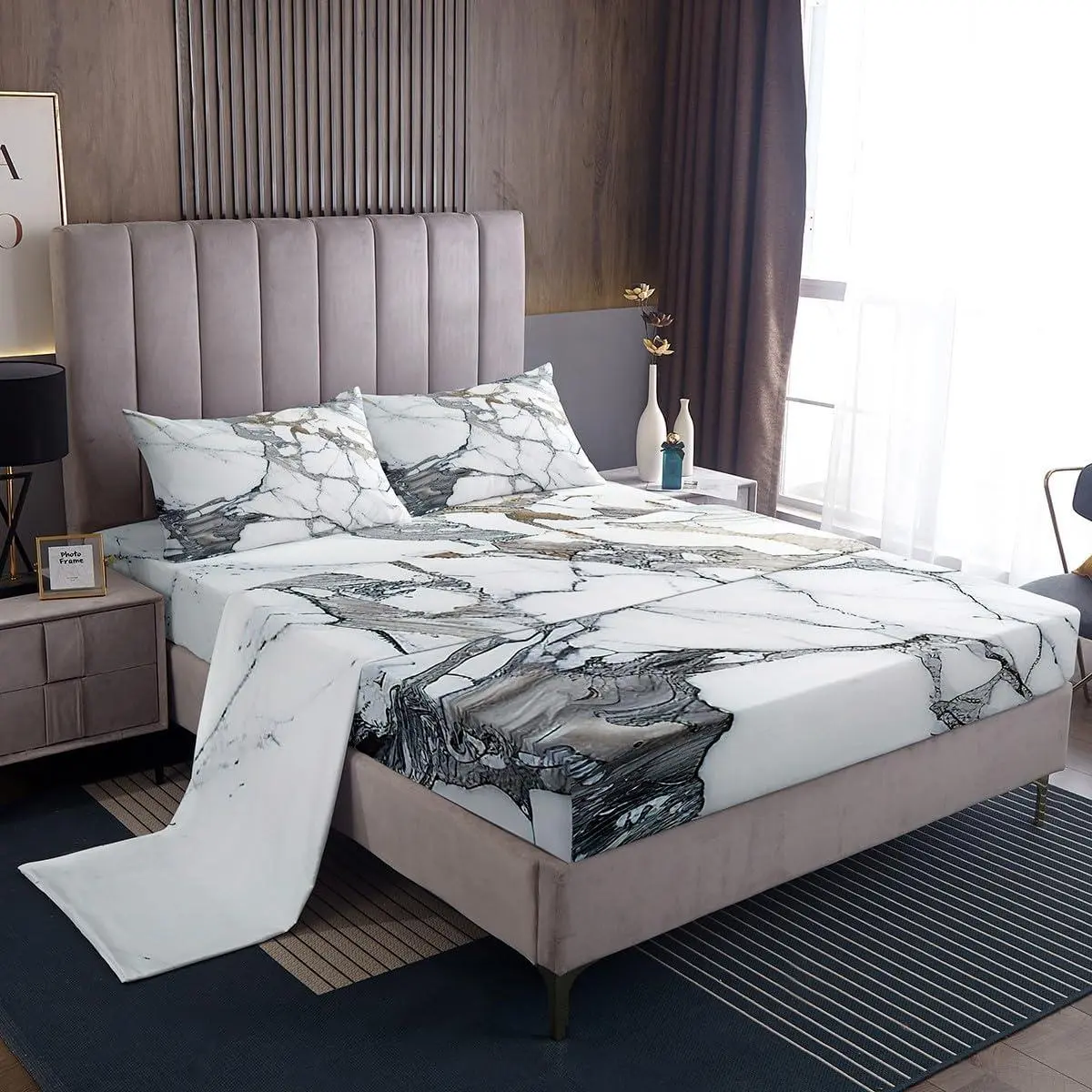 Black White Marble Bed Sheets Set Modern Marble Aesthetic Sheet Set Retro Watercolor Artwork Design Sheets with Deep Pocket Fitted Sheet Abstract Marble Texture Printed Bedding Set