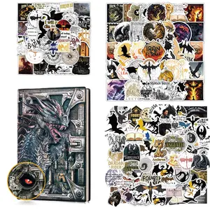 Fourth Wing & Dragon Rider Fantasy Book Sticker & Vintage Dragon Embossed Notebook Set, 200pcs Waterproof Sticker & 1 Count A5 Journal with Hardcover Liner