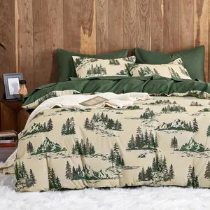 - Rustic Comforter Set, Cab  Cottage Country Charm with Mounta and  Forest Theme, Soft Lightweight Beddg, 3 count, Green Brown, Kg Size