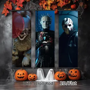 [2D-Flat]3pcs Exquisite Halloween Posters Canvas Wall Art Characters in Horror Movies Unframed Scroll Hanging Painting, With Scroll Ord Art Decor HD, Pattern for Living Room, Best Gift for Friends, Indoor-Outdoor Decor, Ink HD Fade-Resistant Art